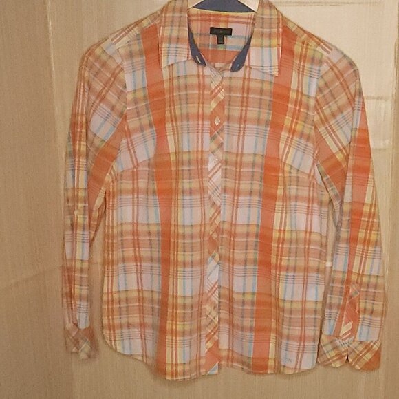 Talbots Orange Yellow Plaid Button Down Medium - Picture 1 of 5